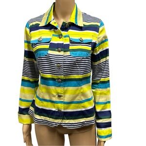 Live A Little Button Up Neon Navy Green Aqua Striped Pocket Jacket Womens Small